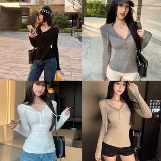 เสื้อกันหนาวแบบฮู้ดแขนยาว สไตล์กระชับ สีทึบสำหรับผู้หญิง