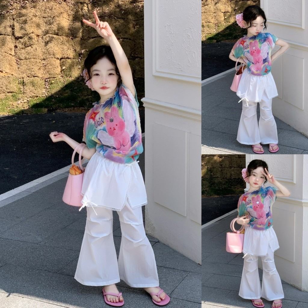 PRETTY BABY เสื้อเด็ก เสื้อคอปีน ผ้าย่นอัดกลีบ กางเกงกระโปรง แต่งระบาย ทรงขาม้า(2210)