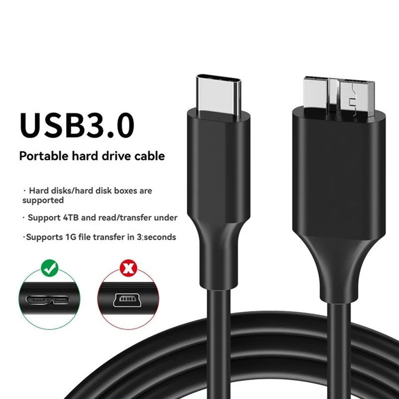 สาย USB 3.0 Type-C ถึง Micro B 5Gbps ข้อมูล Sync สําหรับ HDD ภายนอก/SSD Shielded PVC PTE 0.3 M/0.5 M