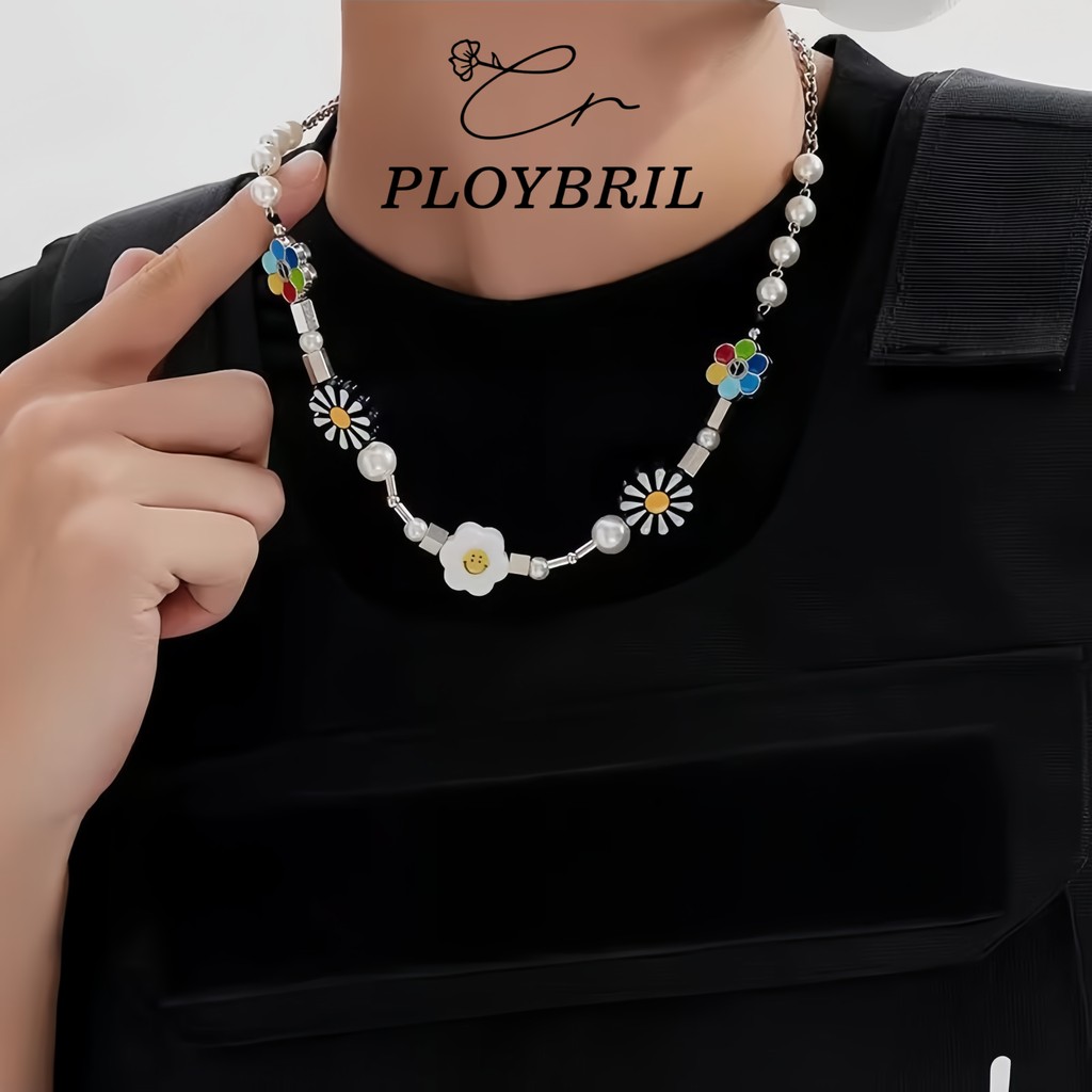 PLOYBRIL สร้อยคอสายโซ่ ประดับมุก จี้รูปดอกเดซี่ สไตล์ฮิปฮอป สำหรับผู้หญิง S024/X038