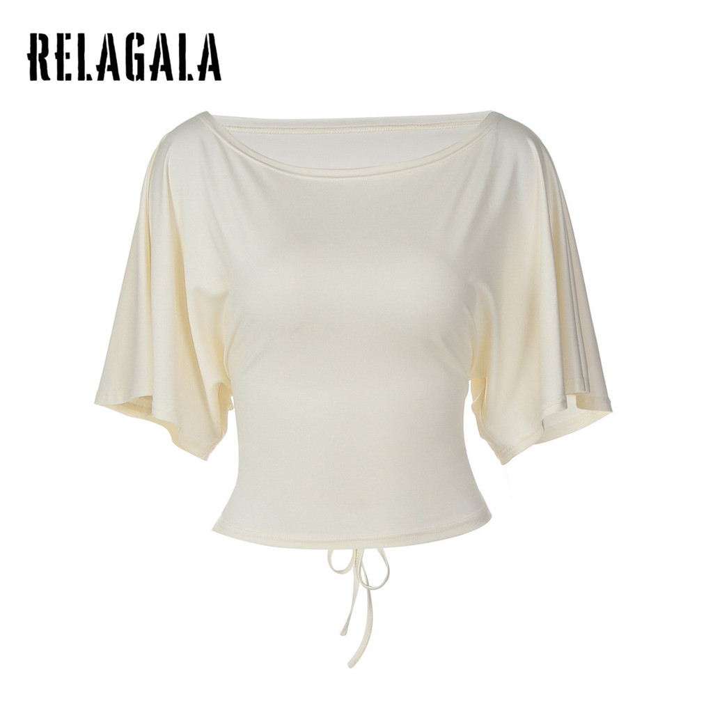 RELAGALA เสื้อยืดผู้หญิง 2026 ใหม่สีทึบปิดไหล่แฟชั่น Lacing Tops