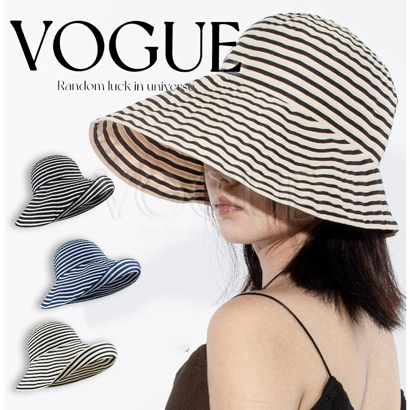 Vogue🌟พร้อมส่ง🌟 หมวกปีกกว้าง กันแดดไม่ร้อน ดีเทลลายทาง ใส่ไปเที่ยวชิวๆสบาย (MK-26)