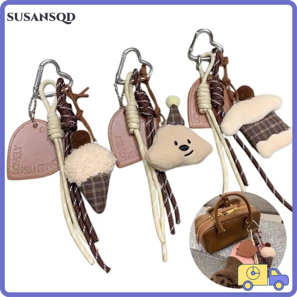 SUSANSQD 1 ชิ้นพวงกุญแจตุ๊กตา,สร้างสรรค์เชือกถักพวงกุญแจจี้ตุ๊กตา,ทนทานเค้กไอศกรีมลายสก๊อตหมีน่ารักกระเป๋าเป้สะพายหลังแขวนตกแต่ง