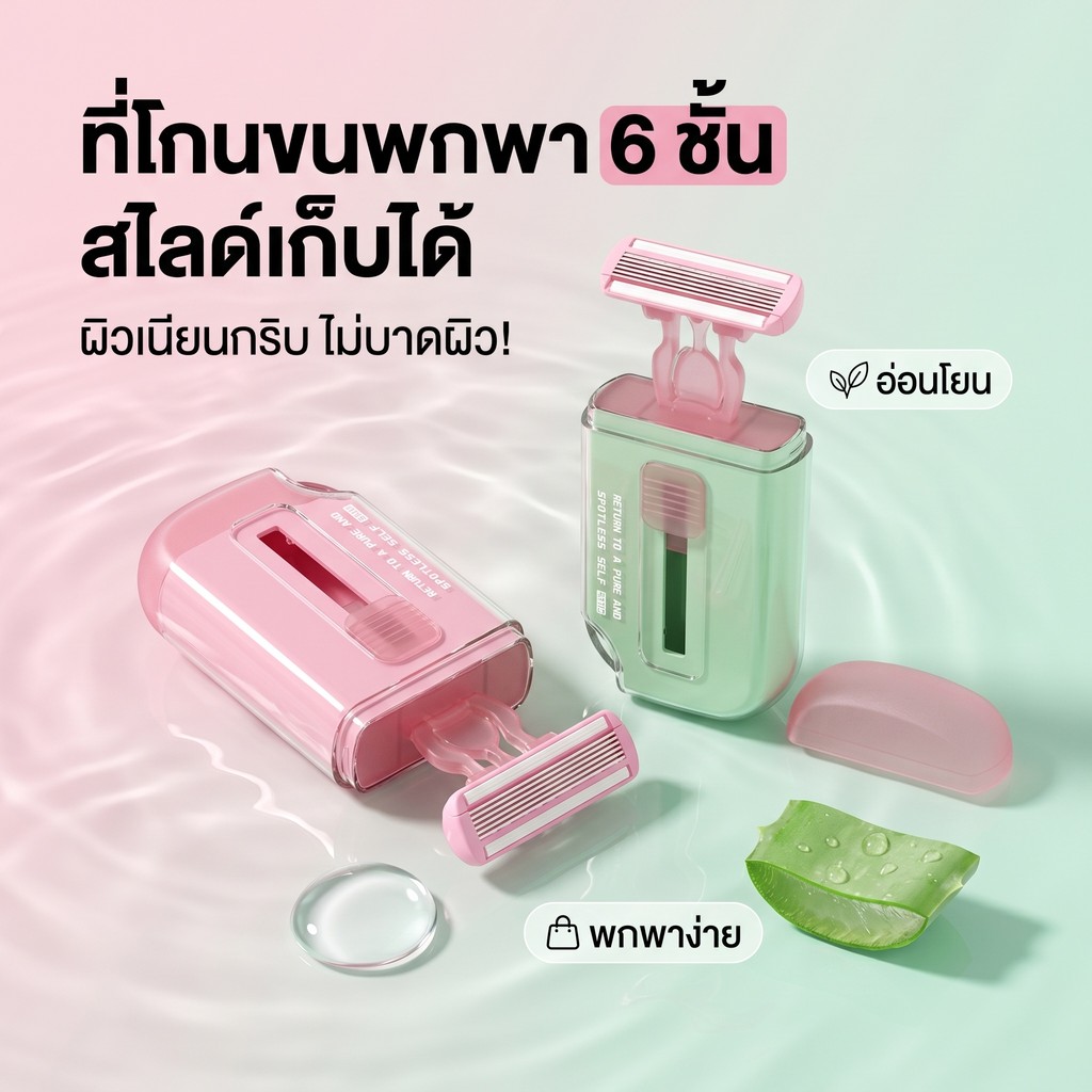 ไอเทมฮิต ที่โกนขนผู้หญิง พกพา ดีไซน์เลื่อนดึง ใบมีด 6 ชั้น ถนอมผิวด้วยอโลเวร่า โกนขนรักแร้ ขนขา
