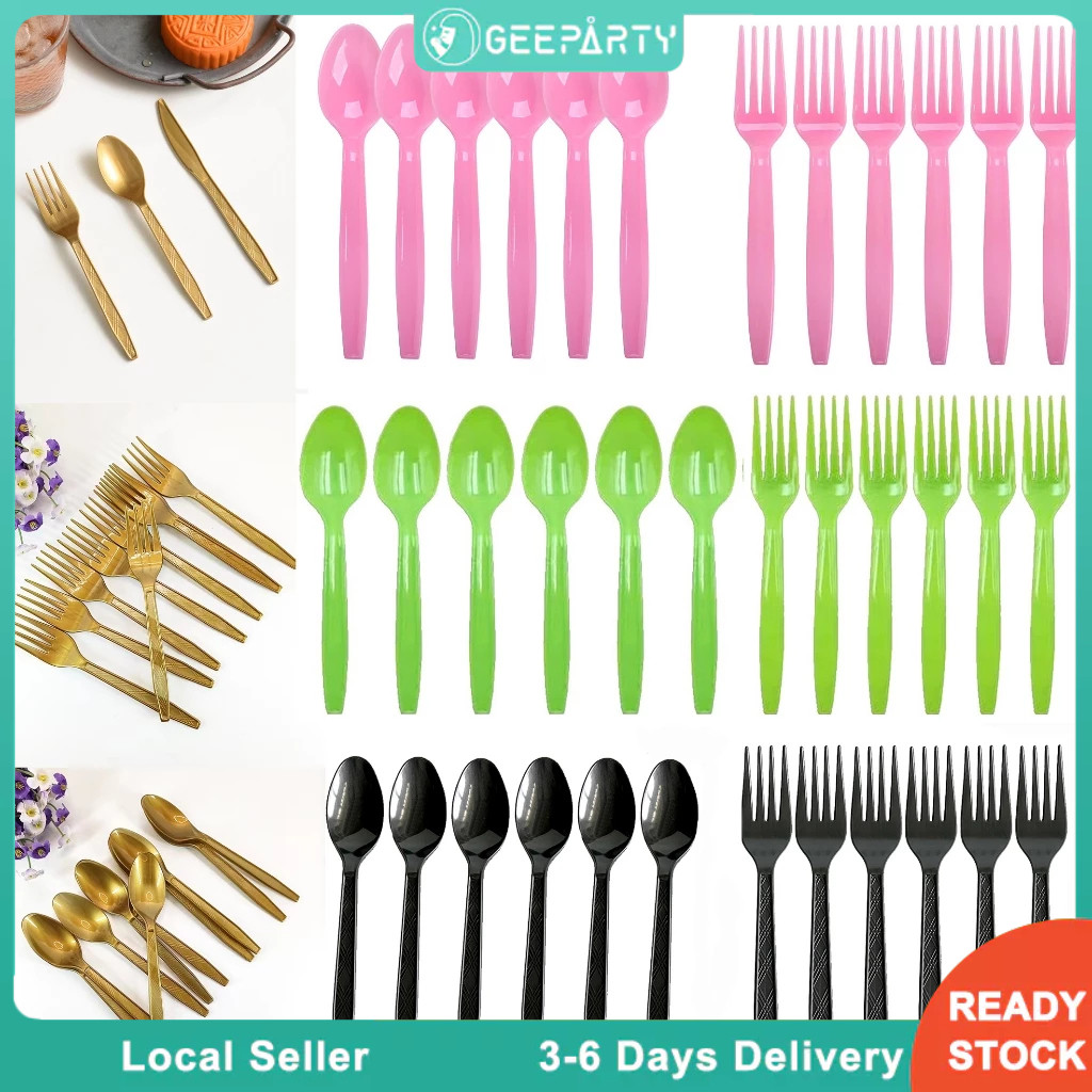 GeeParty ชุดช้อนส้อมใช้แล้วทิ้ง 10 ชิ้น สีทอง เขียว ชมพู เหลือง ส้ม สไตล์วินเทจ สำหรับงานปาร์ตี้