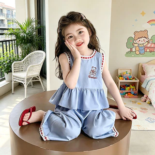 ชุดเสื้อกั๊กและกางเกงขายาวปักลายลูกไม้สำหรับเด็กผู้หญิง สไตล์เกาหลี/โมริ สดใส น่ารัก