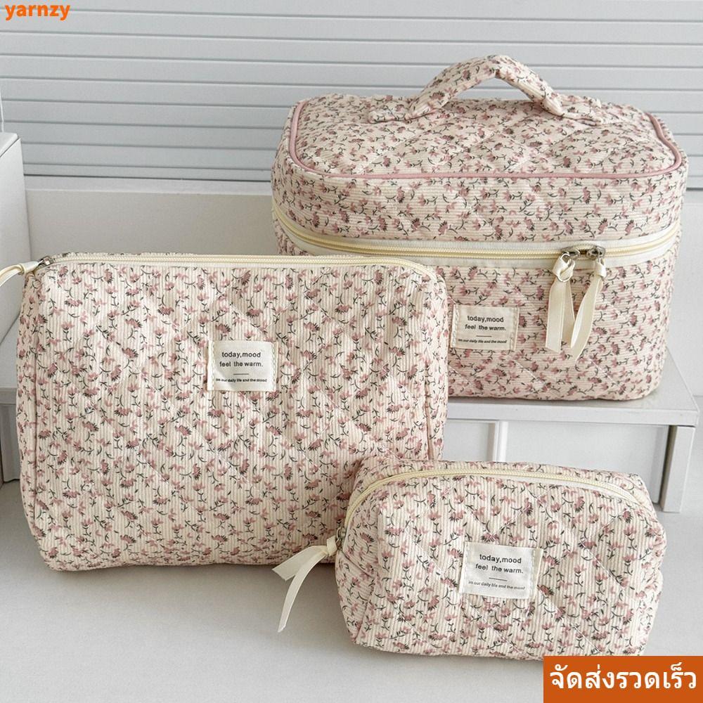 จัดส่งรวดเร็วYARNZY กระเป๋าแต่งหน้าลายดอกไม้, ซิป Corduroy Aesthetic Cosmetic Organizer, แบบพกพาความจุขนาดใหญ่ Skincare Clutch ลิปสติก