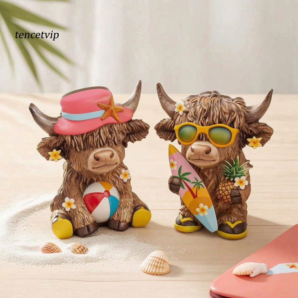 Vip น่ารักวัว Figurine Highland วัวรูปปั้น 2 ชิ้นฤดูร้อน Highland Cow Figurines ไม้สก็อตวัวรูปปั้น Home Kitchen Table Decor Beach Seaside Tiered ถาดเครื่องประดับของขวัญ
