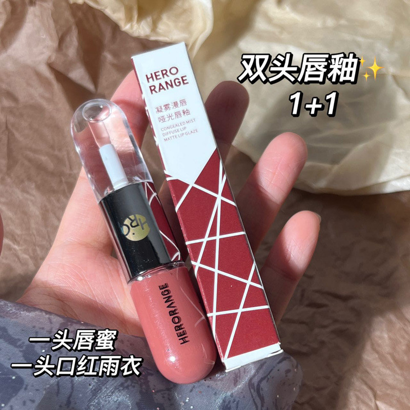 สินค้าใหม่ทุกวัน/HERORANGE เจล Mist Long Lip Matte Lip Glaze ลิปสติกเสื้อกันฝน Double-Headed กันน้ํา