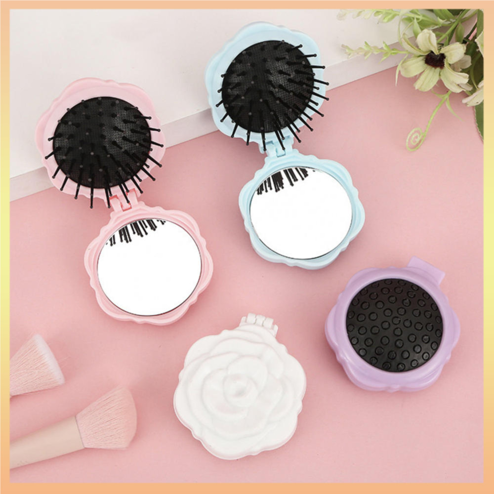 Feminine Rose เบาะหวีขนาดกะทัดรัดแบบพกพากระจกแต่งหน้า Scratch-Resistant Soft-Bristle Compact Mirror Comb สําหรับ Commuting Daily Makeup Touch-Ups Class