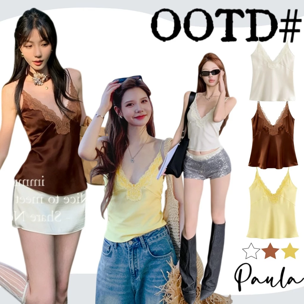 Paula พร้อมส่ง🌴เสื้อกล้ามคอวีลึก🌴เสื้อสายเดียวลูกไม้ซาติน Classy Top ทรงสวยงานดี ชุดไปเที่ยว แ เสื้อกล้ามคอวีหลึก สีพื้น