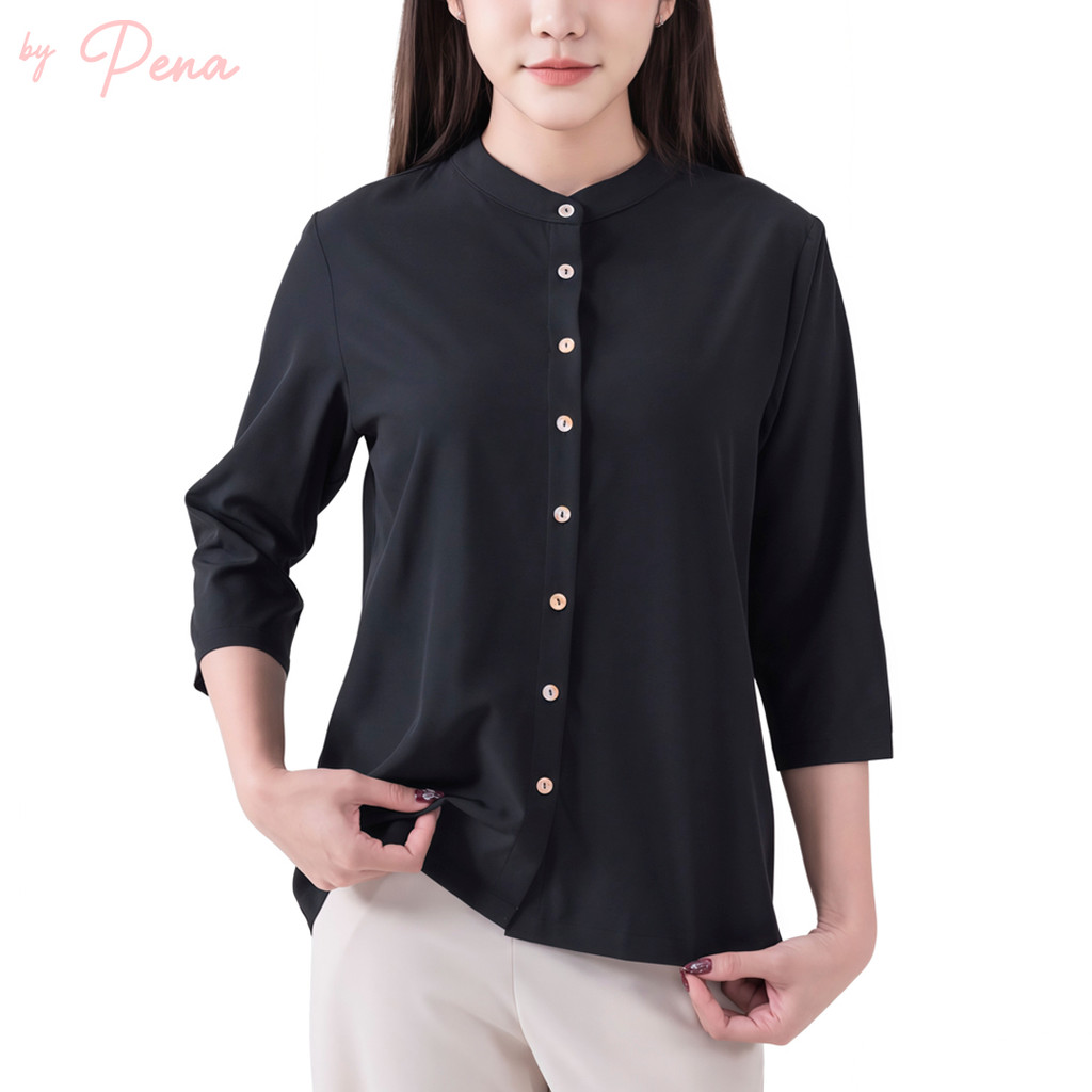 By Pena เสื้อเบลาส์แขนสามส่วน คอปกเชิ๊ต สีพื้น BPSL122501