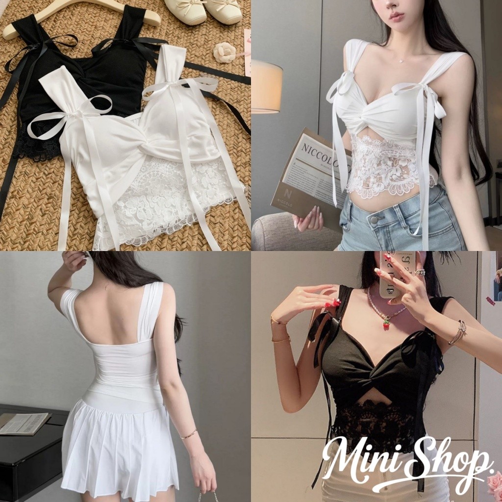 Mini shop🌸พร้อมส่ง🌸(FY5533)เสื้อสายเดี่ยว ขาวดำ มีฟองน้ำในตัว ยืดพอดีสไตล์มินิมอล  เสื้อกล้ามผู้หญิง