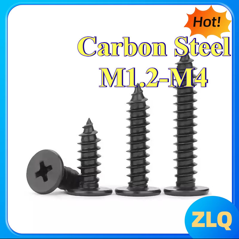 สีดํา CA สกรูเกลียวปล่อยหัวแบนบางเฉียบหัวข้ามหัวแบนแตะตัวเองเล็บ สกรูเกลียวปล่อย M1.2/M1.4/M1.7/M2/M