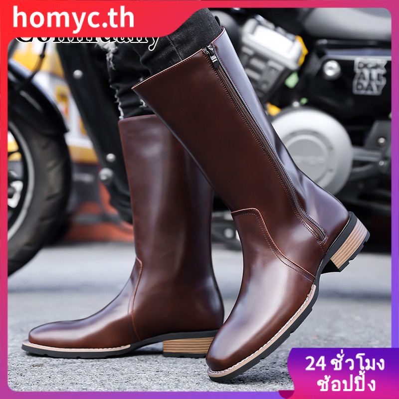 Homyc Men Thick Bottom Martin Boots Motocross Black Motorcycle Boots Heightening สไตล์อังกฤษ