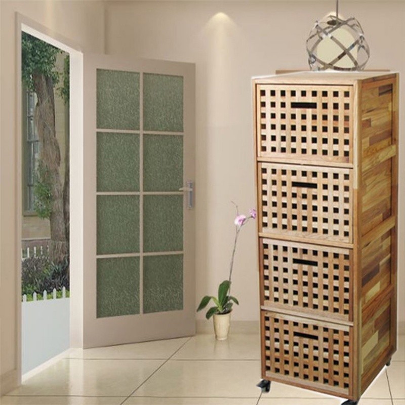 Nordic style catalpa solid wood grid drawer cabinet three-drawer four-drawer cabinet with wheels loc