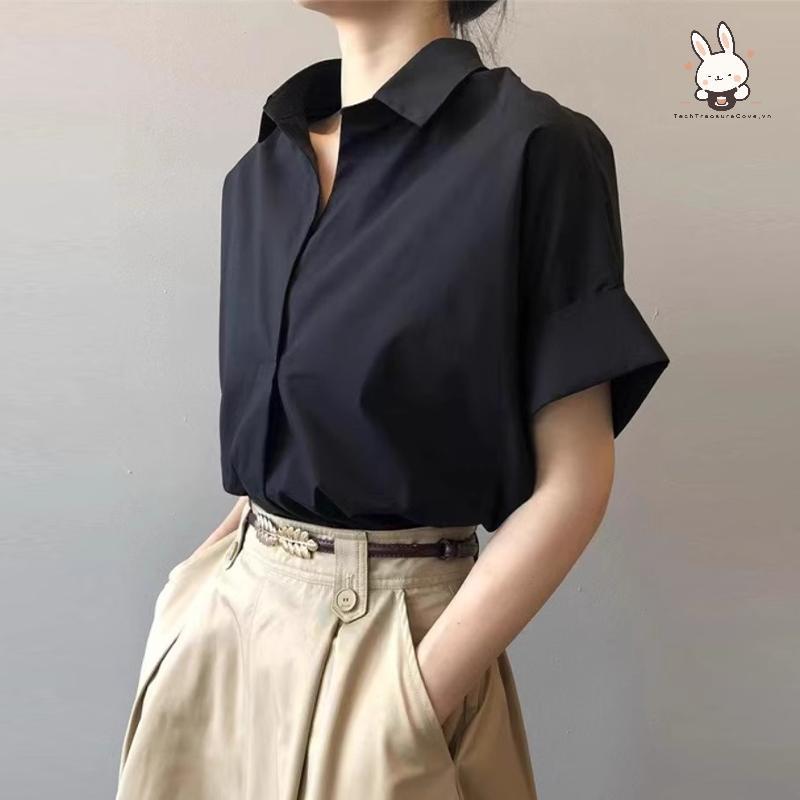 [Teh] ck เสื้อเชิ้ตผู้หญิงคอปกแขนสั้น Balck Mourning Tops อย่างเป็นทางการ ck เครื่องแต่งกาย [VN]