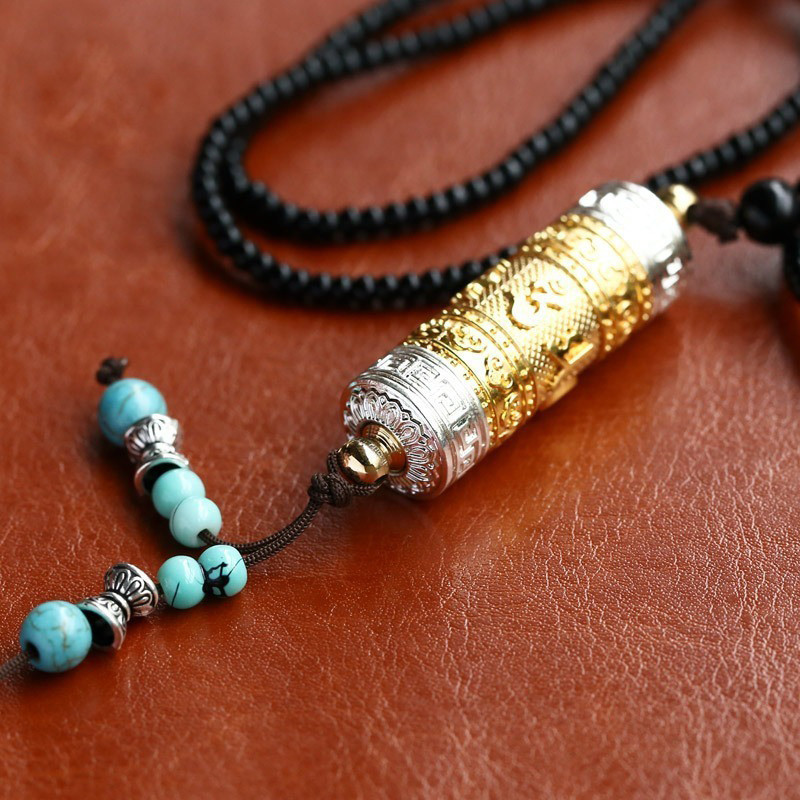 หกตัวอักษร Mantra หมุนหลอด Gawu กล่องจี้จี้ทองแดง Gold-Plated ทาสีสามสีพร้อมสร้อยคอเชือกเส้นเล็ก 1PP