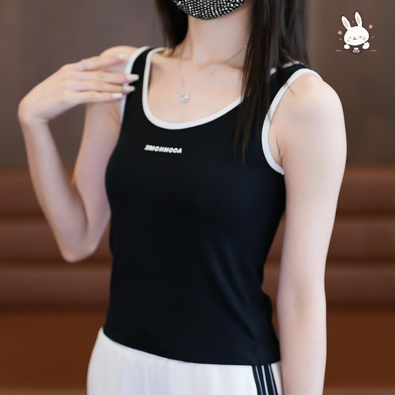 [Teh] 2025 ผู้หญิงรอบคอ Ribbed ตัวอักษร Tank Top Camisole ผู้หญิงฤดูร้อน Basic Elastic Tank Top O คอ