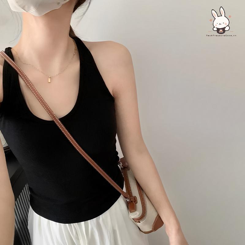 [Teh] เสื้อกล้ามคล้องคอสําหรับผู้หญิงทรงเข้ารูปเซ็กซี่สาวร้อนถ้วยคงที่และแผ่นรองเต้านมสําหรับสุภาพสต