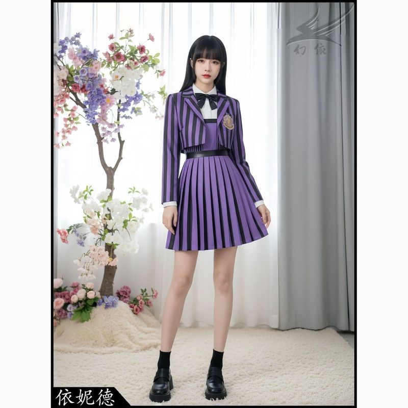 The Addams Family/Wednesday ชุดคอสเพลย์สไตล์ใหม่ สีม่วงลายเหมือนชุดนักเรียน