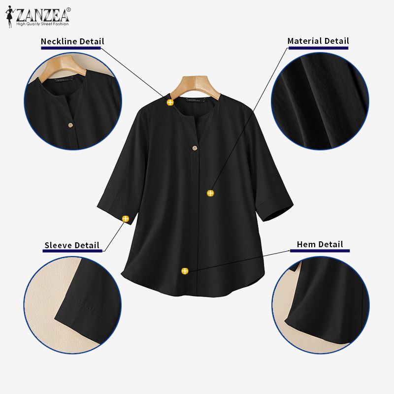 ZANZEA เสื้อเชิ๊ตเกาหลีสำหรับผู้หญิง ออกแบบ Raglan แขนหลวม สไตล์สมาร์ทสำหรับฤดูร้อน — صورة 7