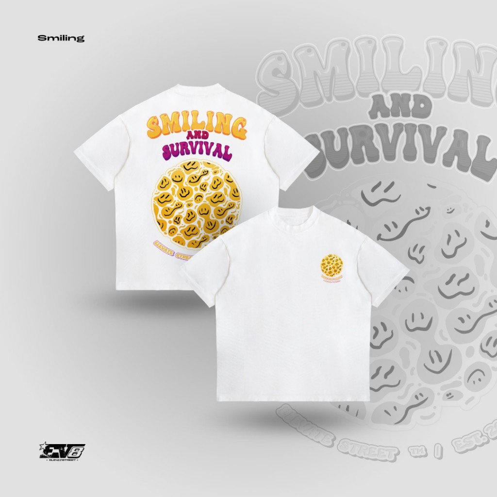 เสื้อยืดสตรีทไลน์ Elevo8 สเวตเตอร์ ลายยิ้ม ผ้าคอตตอน 100% สกรีน DTG