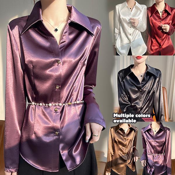 mimi&didi#เสื้อเชิ้ตผ้าซาตินสีม่วงสำหรับผู้หญิง เสื้อแขนยาว สไตล์ผู้ใหญ่ และเหมาะอย่างยิ่งสำหรับสวมใส่ใต้สูท#99305