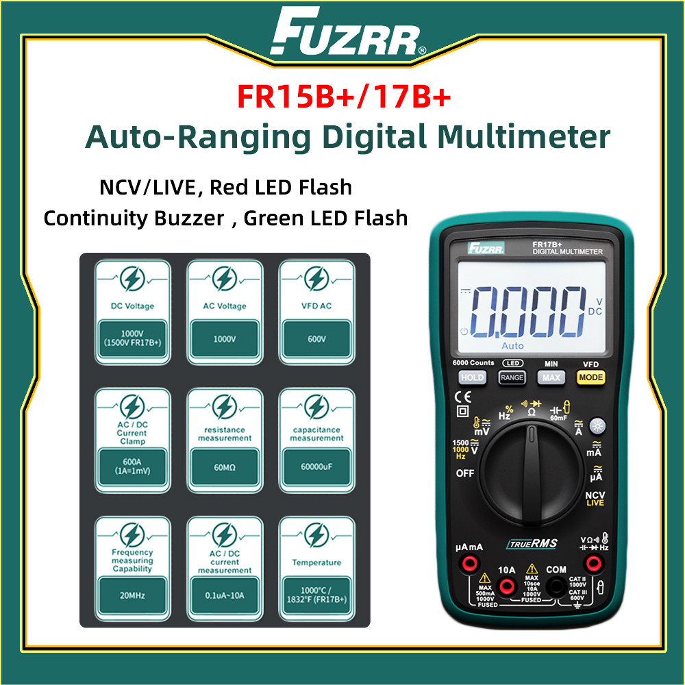 FUZRR FR15B+ FR17B+ มัลติมิเตอร์แบบดิจิตอลช่วงอัตโนมัติเหมาะสําหรับเทคโนโลยีอิเล็กทรอนิกส์มืออาชีพ Field เครื่องมืออุตสาหกรรมพลังงานใหม่