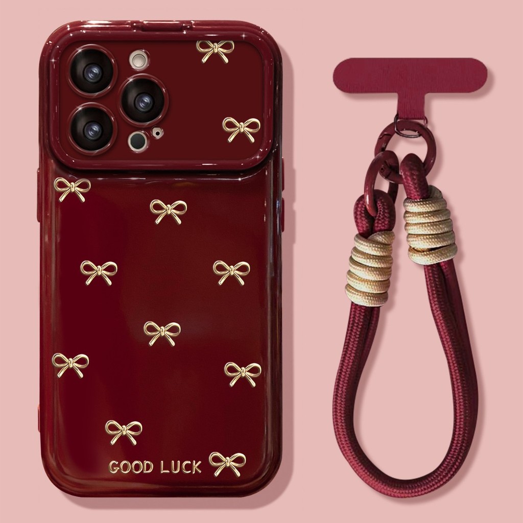 [จัดส่งด่วน] เชือกเส้นเล็กหัวใจรักโบว์เบอร์กันดีเหมาะสําหรับ แอปเปิล 17 เคสโทรศัพท์ปีใหม่ ไอโฟน15โปรแม็กซ์ ซิลิโคน 16 หญิง