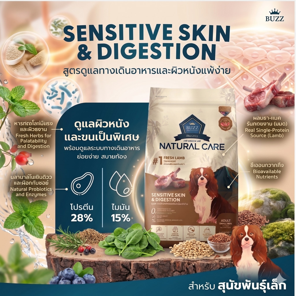 Buzz Natural Care สุนัขโตแพ้ง่าย สูตรแกะ เม็ดเล็ก ขนาด 3 Kg