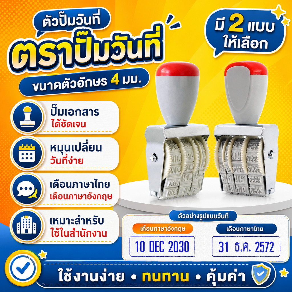 ตัวปั๊มวันที่ ตรายางปั๊มวันที่ เดือนภาษาไทย เดือนภาษาอังกฤษ ขนาดตัวอักษร 4มม.ตรายางวันที่ ตราปั๊มวันที่