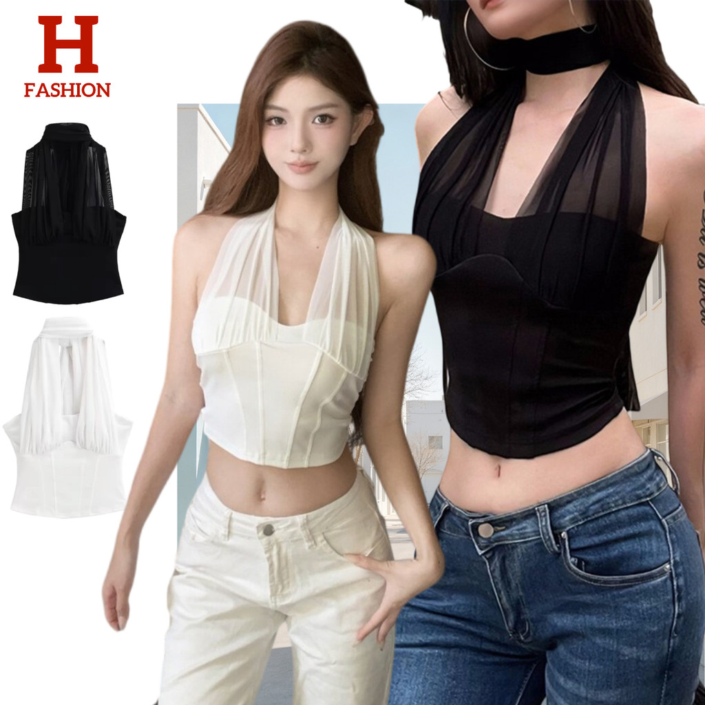 Hot fashionเสื้อเกาหลีเกาะอกคล้องคอ ผ้าซีทรู ใส่ได้2แบบ มี2สี ทรงครอปพอดีตัว ใส่เที่ยวปัง(FY5113#1)