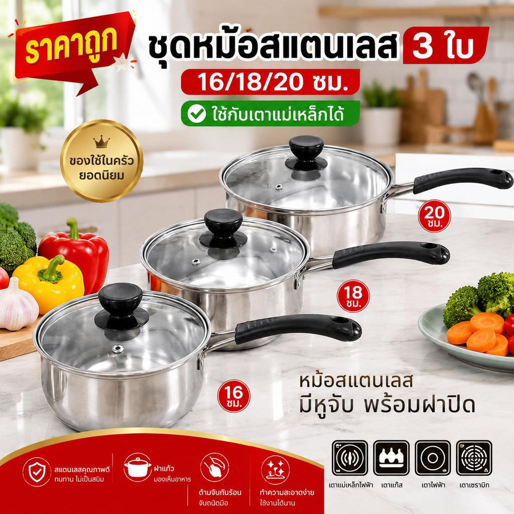 ชุดหม้ออเนกประสงค์ สแตนเลส 3 ขนาด 16/18/20 ซม. ต้มแกง ทอด นึ่ง ใช้กับเตาแม่เหล็กได้ หม้อทำครัวยอดฮิต
