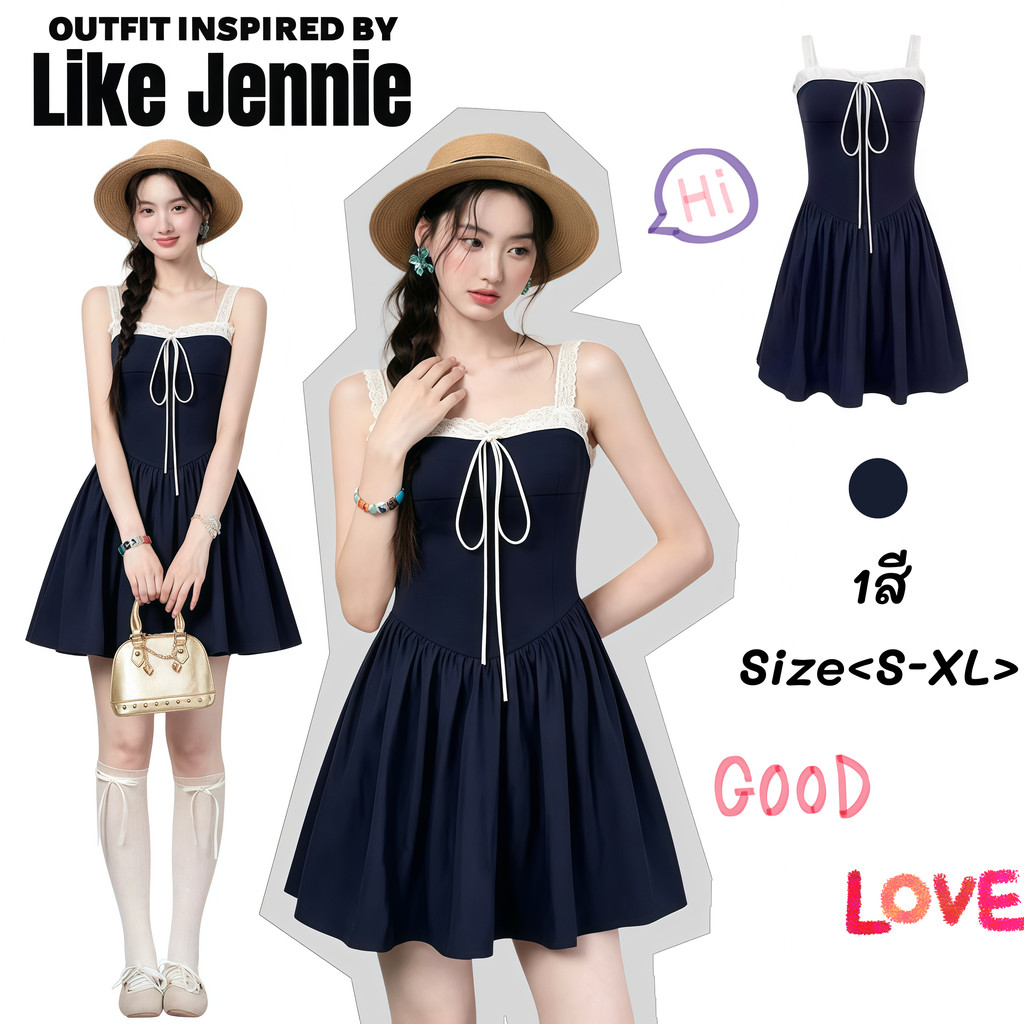 Jennieพร้อมส่ง🌷💦ชุดกระโปรงสายเดี่ยวรัดเอวสไตล์หวาน ผ้าลูกไม้ต่อแต่ง มีเชือกผูกหลัง ลุคสวยเซ็กซี่สั้นกระโปรง