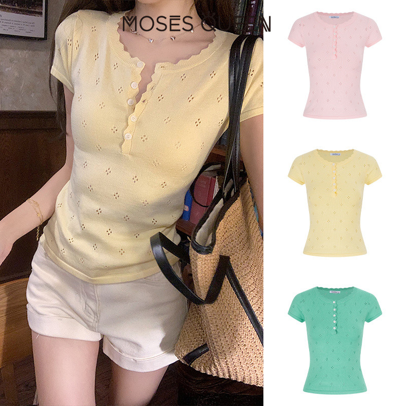 < MOSESQUEEN >  A ปกลูกไม้กึ่งเปิดด้านบนแขนสั้นถักทํางานพร้อมสไตล์ดีไซน์เฉพาะและดีไซน์เฉพาะกลุ่ม #69067