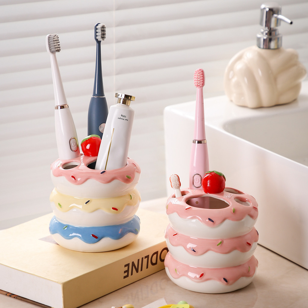 ที่ใส่แปรงสีฟันเค้กสตรอเบอร์รี่|ของตกแต่งการจัดเก็บเครื่องฟันขนมเซรามิก|ที่เก็บของที่ใช้งานได้จริงในห้องน้ํา