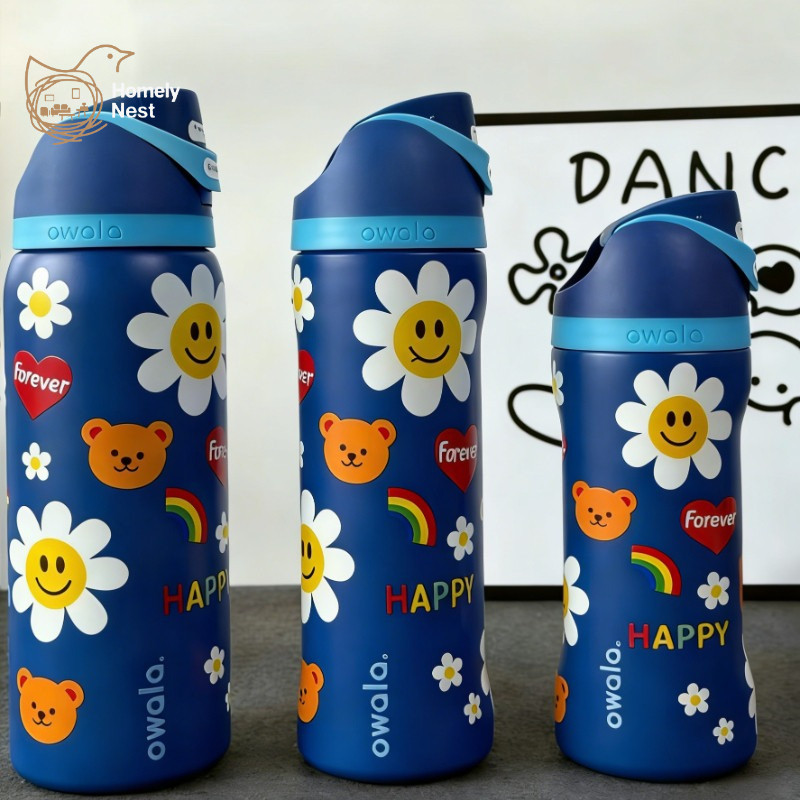 Owala เด็ก Freesip Tumbler หมีน้อย 16oz 24oz 32oz ยิ้มดอกทานตะวันสีฟ้าขวดสแตนเลส FreeSip ฝาฟางสูญญากาศฉนวนสําหรับโรงเรียน Travel Kawaii ของขวัญเด็ก