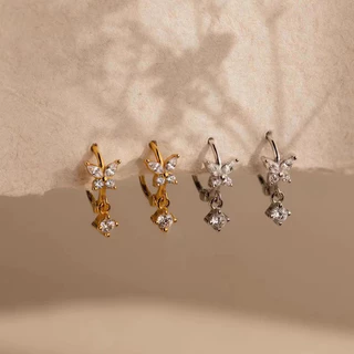 Roselife 1 คู่ 14K Gold คริสตัลผีเสื้อ Hoop ต่างหูสําหรับผู้หญิง Hypoallergenic Bow หูวงกลมเครื่องประดับอุปกรณ์เสริม