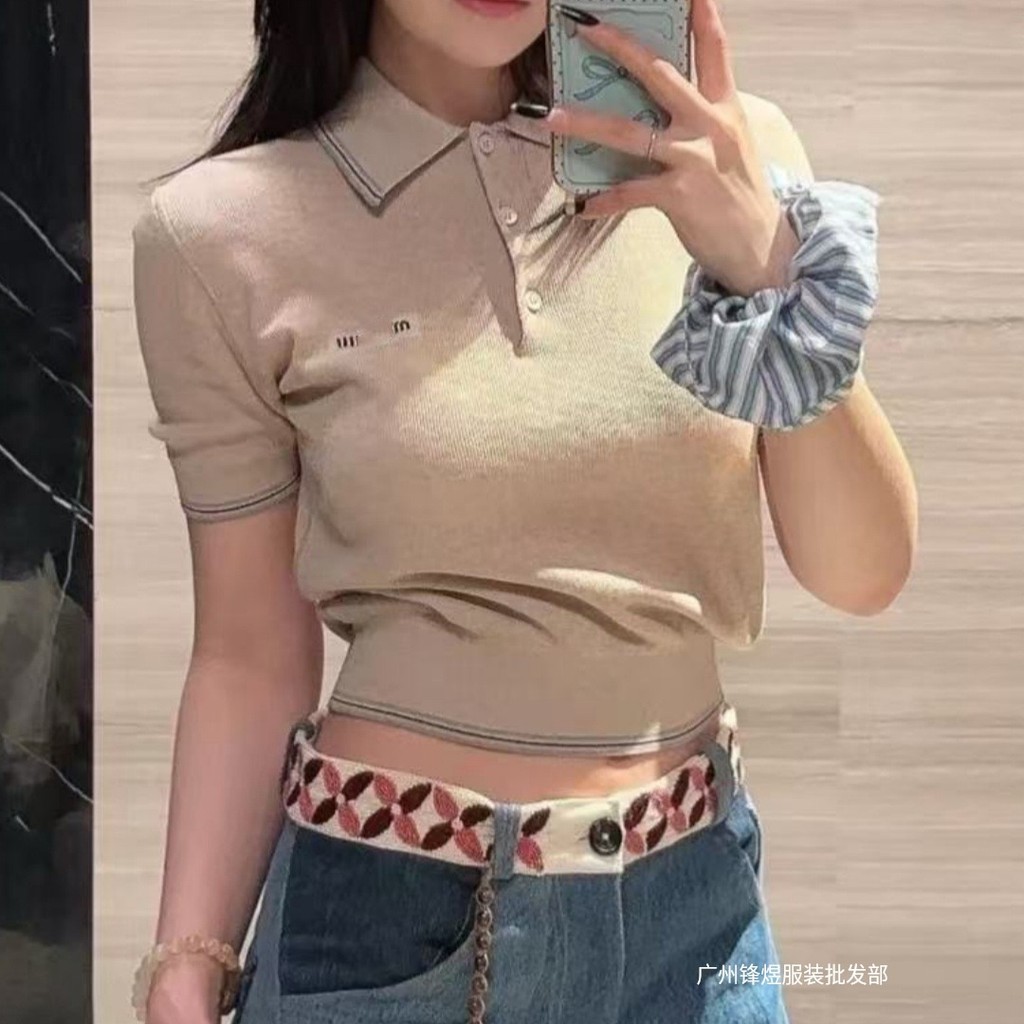 4U2G MIU*MM New Stylish Youthful Striped Turn-Down Collar Wool Knit Sweater T Women's T-shirt