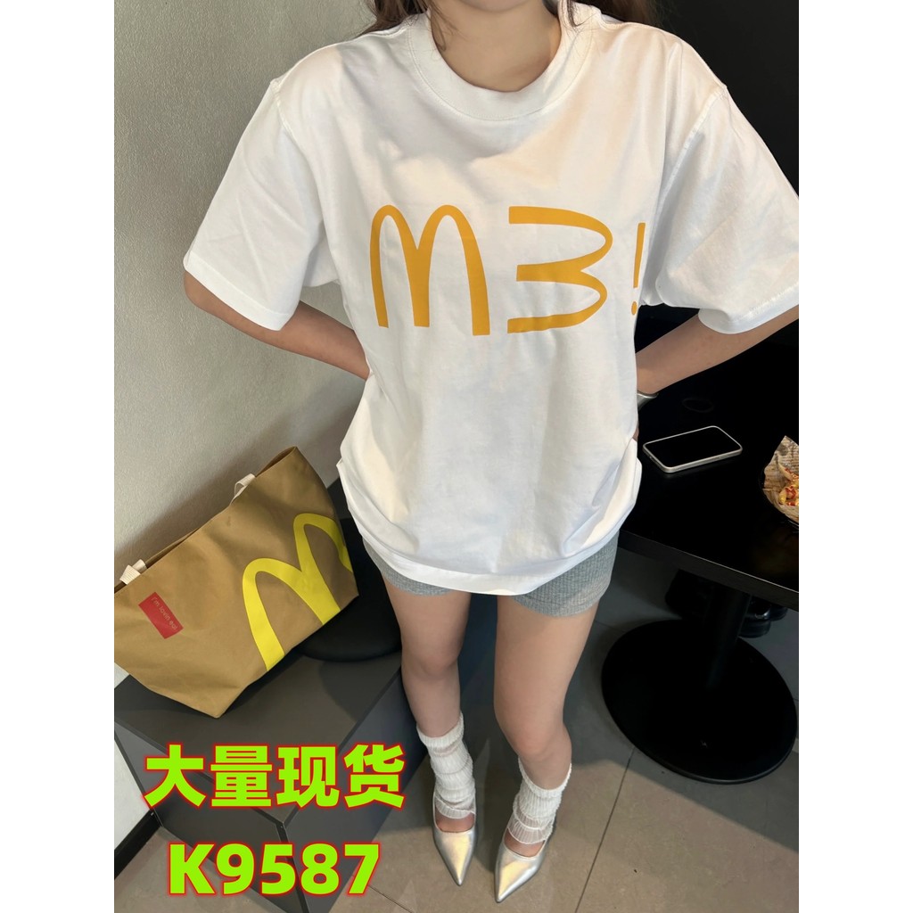 COD Niche ins American Retro Simple พิมพ์ฤดูร้อนสไตล์ใหม่สบายลําลองหลวมเสื้อยืดแขนสั้นผ้าฝ้ายแท้อินเ