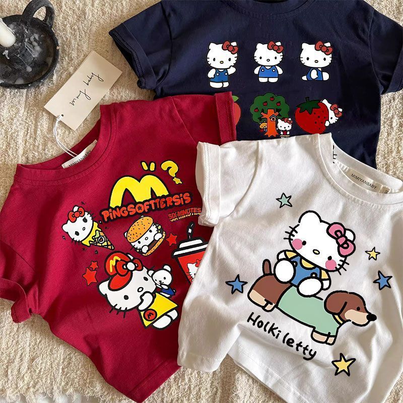 % 棉 夏季 可爱蒂连衣裙 女童上衣韩版打底衫% ผ้าฝ้ายแท้ฤดูร้อนน่ารัก Hello Kitty All-Match Shortness o w82chidqkg.my1211