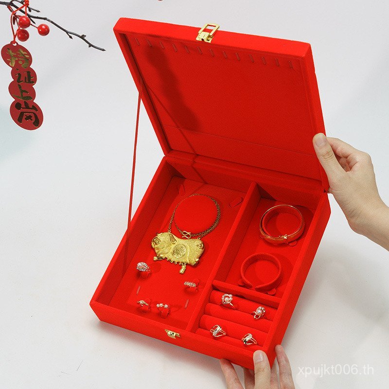 ทองแต่งงานสินสอดทองหมั้นสร้อยคอขนาดใหญ่กํามะหยี่สีแดงกล่องโบรเคดเครื่องประดับสร้อยข้อมือกล่องของขวัญ