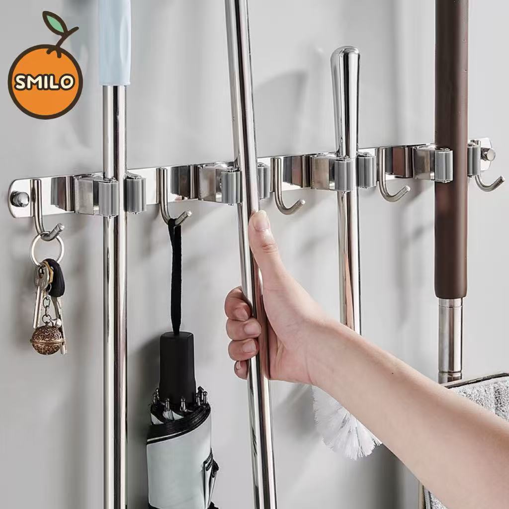 SMILO ที่แขวนไม้กวาด ที่แขวนไม้กวาดติดผนัง ไม้ถูพื้น ที่แขวนของใช้ภายในบ้าน ติดตั้งง่าย แข็งแรงทนทาน