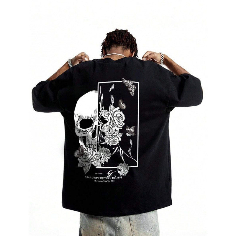 2026欧码ROMWE MEN Goth Men Cotton Butterfly & Skull Print TeCOD TMPT