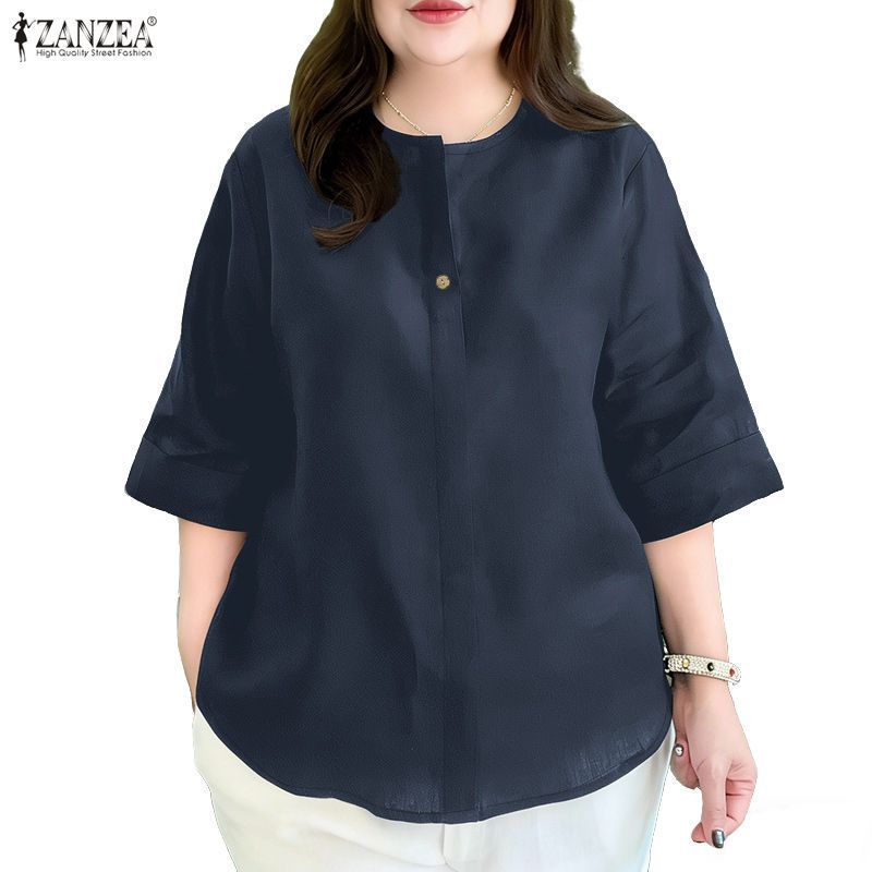 ZANZEA เสื้อเชิ๊ตเกาหลีสำหรับผู้หญิง ออกแบบ Raglan แขนหลวม สไตล์สมาร์ทสำหรับฤดูร้อน — صورة 6