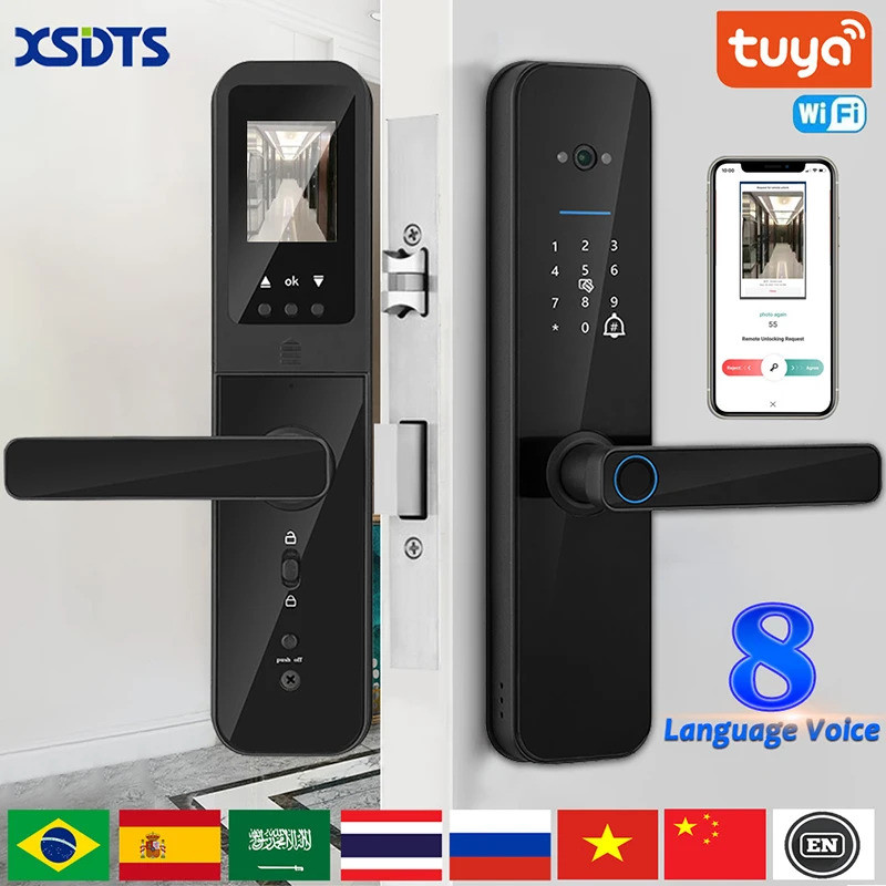 XSDTS Tuya Wifi ดิจิตอลอิเล็กทรอนิกส์สมาร์ทประตูล็อค Biometric กล้องลายนิ้วมือสมาร์ทการ์ดรหัสผ่าน Ke