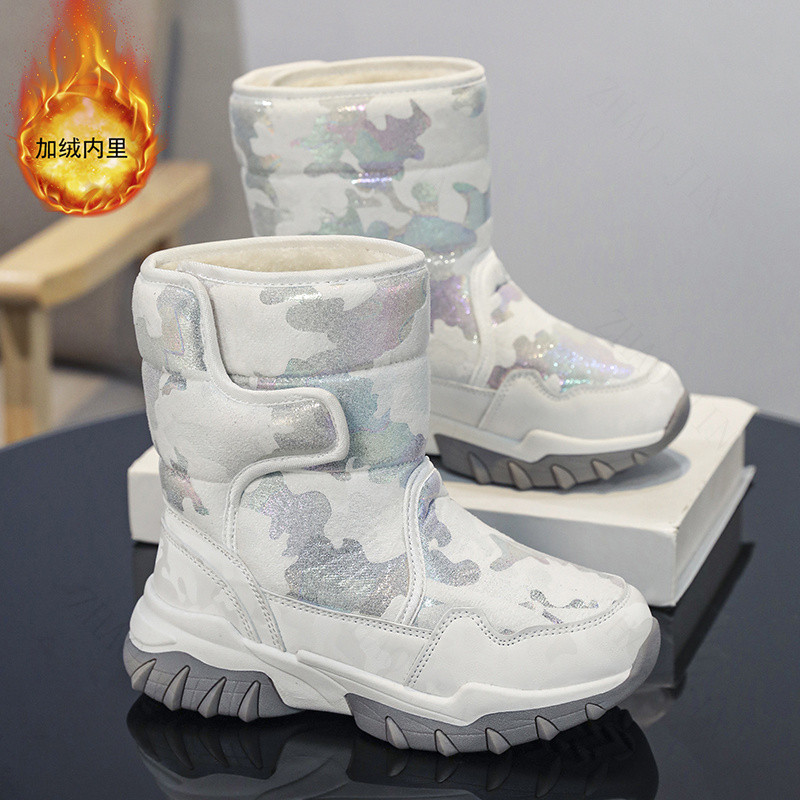 กีฬากลางแจ้งฤดูหนาวหิมะรองเท้าเด็กรองเท้าผ้าฝ้ายรองเท้ากันลื่นกันน้ํากลางหลอดรองเท้า จูจิน