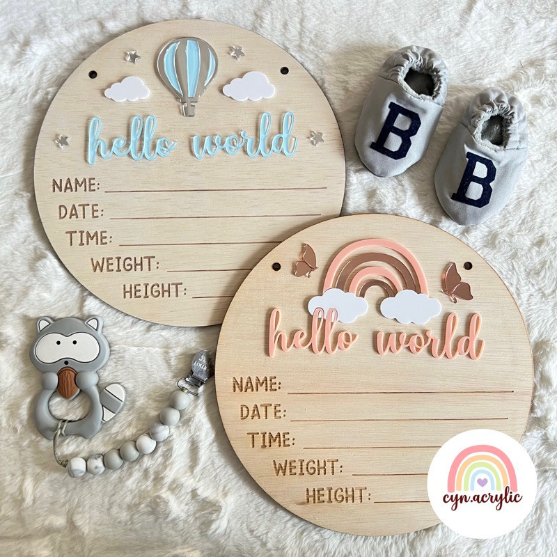 HELLO WORLD HOSPITAL BOARD PLYWOOD PREMIUM LUXURY BABY NAME NEWBORN PHOTO PROPERTY CYN ACRYLIC