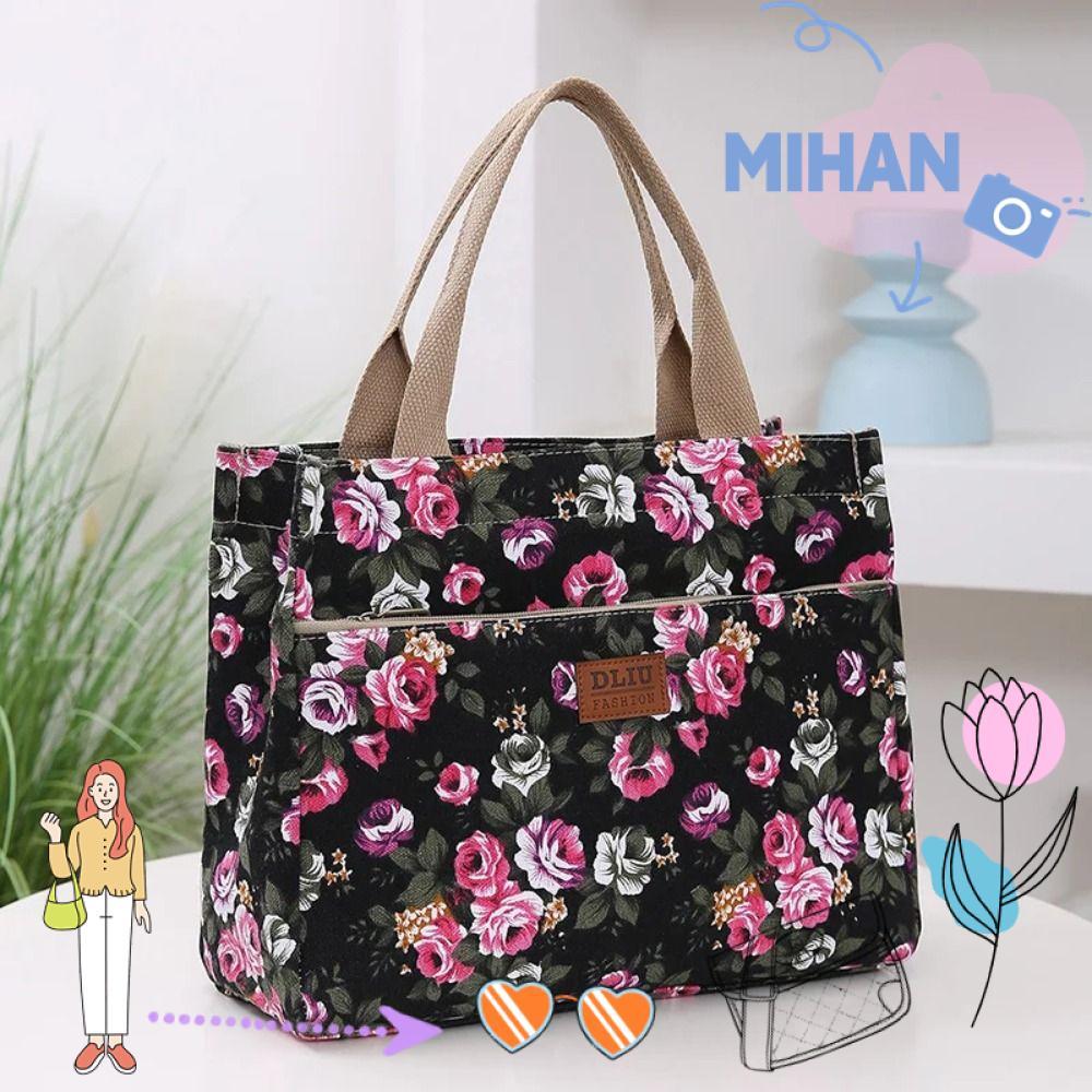 MIHAN กระเป๋าโท้ทพิมพ์ลายดอกไม้, สไตล์ชาติพันธุ์แฟชั่นผ้าใบถุงอาหารกลางวัน, ปิกนิกเดินทางผู้หญิงแม่กระเป๋ากระเป๋าถือลําลอง